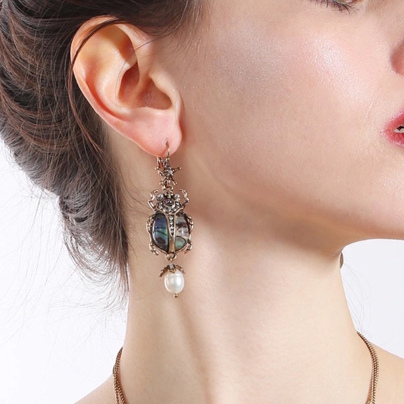 2/$25 Scarab Beetle Skull Faux Pearl Drop Earrings - Picture 6 of 8